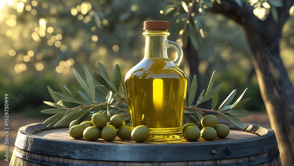 Realistic Olive Oil Bottle on Wooden Barrel with Olives in Grove Setting
Realistic Olive Oil Bottle on Wooden Barrel with Olives in Grove Setting
