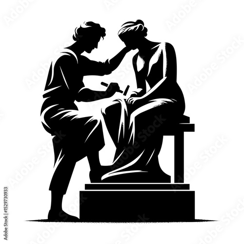 Sculptor working on statue of woman with focused expression in studio - Concept of Art and creativity  