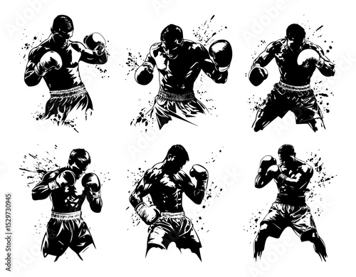 set of boxer silhouettes in dynamic ink splatter vector