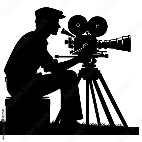 Silhouette of a filmmaker operating a vintage camera outdoors  