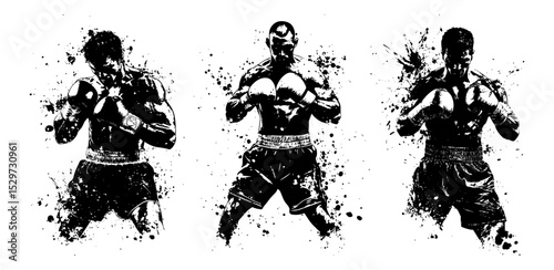 three fighters in dynamic boxing pose with ink splatter vector