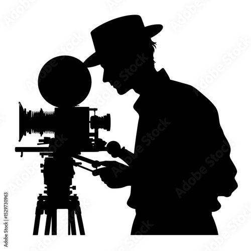 Silhouette of a filmmaker adjusting vintage movie camera for art 