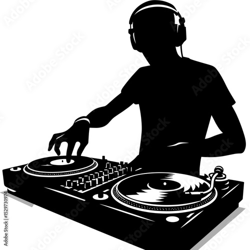 DJ mixing music at turntables in studio setting for art and creativity  