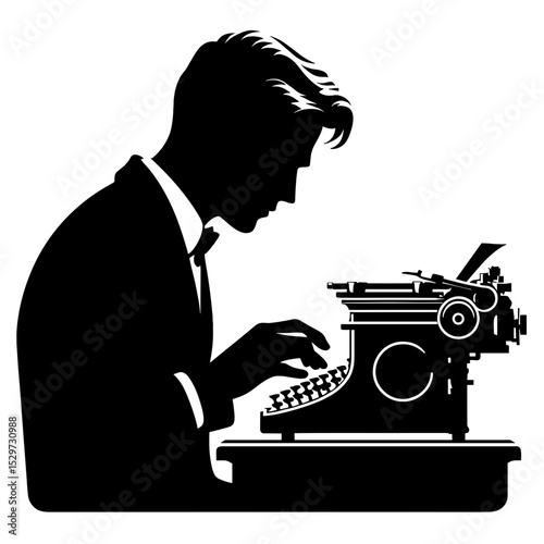 Man typing on a vintage typewriter in profile silhouette  