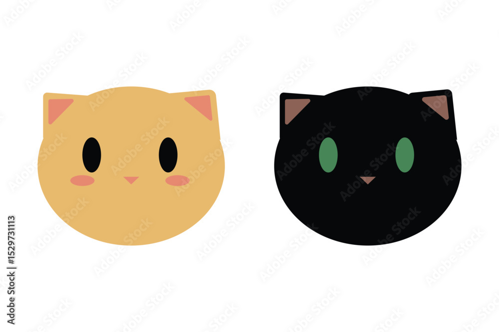 Fototapeta premium Cute minimalist cat faces - black and ginger flat elements isolated on white background.