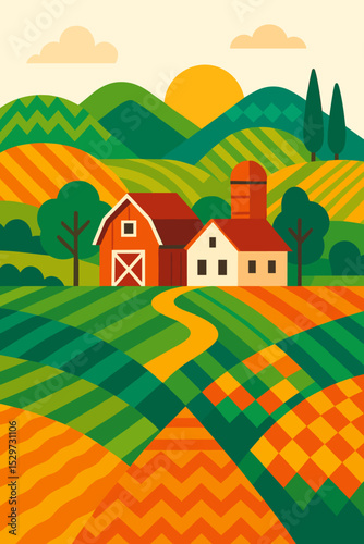 Geometric farm landscape with red barn, farmhouse and silo. Rural countryside vector illustration with rolling hills, fields and sunrise. Abstract agricultural background concept.