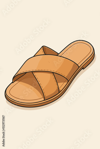 Elegant summer sandal vector illustration. Casual flat slide with crisscross straps. Brown leather slipper for beach, vacation, or holiday. Isolated female footwear fashion icon.