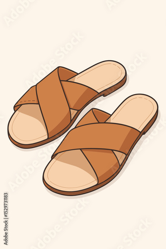 Pair of elegant summer sandals with criss-cross straps. Casual brown leather slides for beach or vacation. Stylish open-toe flat footwear. Minimalist fashion vector illustration.