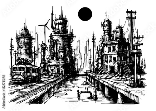 postapocalyptic city with train and ruined buildings vector