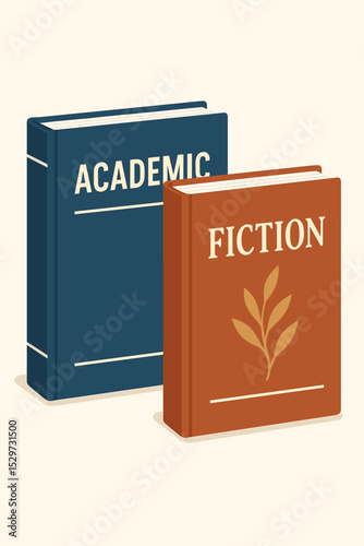 Academic vs fiction books concept vector. Choice between education and entertainment. Knowledge, study, nonfiction versus literature, novel, imagination. Library, university, school theme.