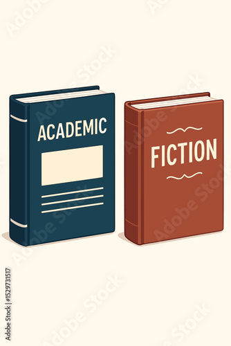Academic versus Fiction books vector. Contrast between non-fiction for education, learning, and knowledge versus fictional literature for entertainment, imagination, and storytelling.