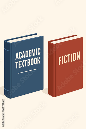 Academic textbook versus fiction book vector illustration. Concept of choice between knowledge and imagination. Education, learning, literature, reading, non-fiction versus fantasy.