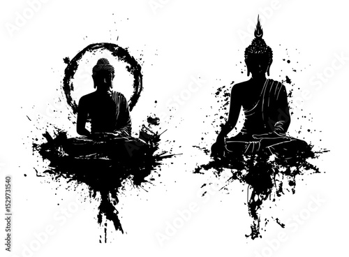 buddha meditation silhouettes with ink circle in zen style