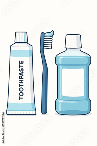 Dental care vector illustration set. Oral hygiene essentials with toothbrush, toothpaste, and mouthwash. Daily routine for teeth cleaning and fresh breath. Stomatology concept.