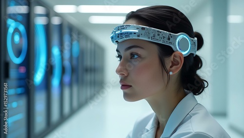 A focused young Asian woman wearing a futuristic headset in a high-tech lab environment.