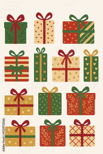 Collection of festive Christmas gift boxes. Vector set of holiday presents with ribbon bows and vintage patterns. Xmas celebration design elements. Winter holidays surprise icons.