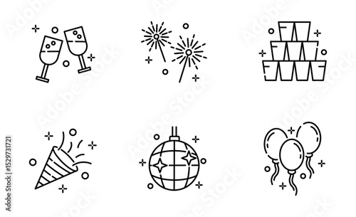 Set of Event and Party icon, Fireworks and Party Popper, Disco Ball, Cups, Champagne Symbol Outline icon, Editable Stroke