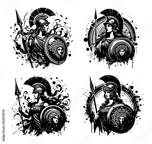 set of athena goddess warriors with spear and shield vector