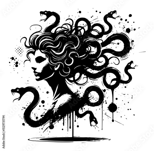 medusa head with snake hair in grunge ink vector style