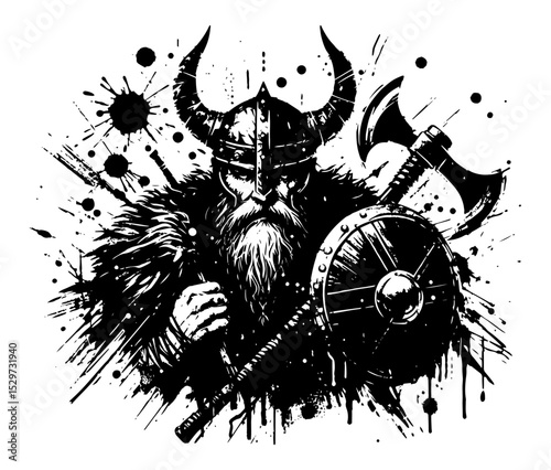 viking warrior with axe and shield in grunge ink style