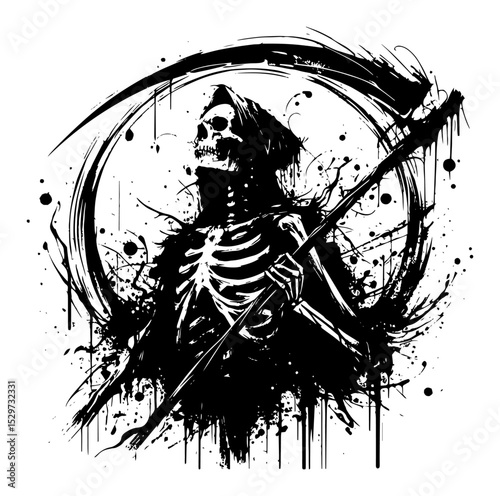 grim reaper skeleton with scythe in dramatic ink circle vector