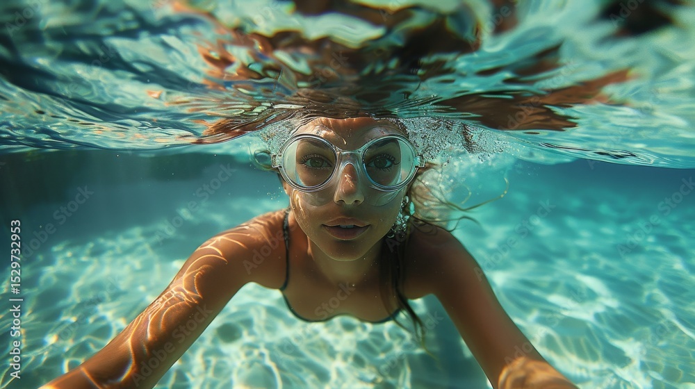 Fototapeta premium An exhilarating underwater photograph of a swimmer with goggles exploring the clear turquoise waters, showcasing the thrill of adventure and the beauty of aquatic environments.