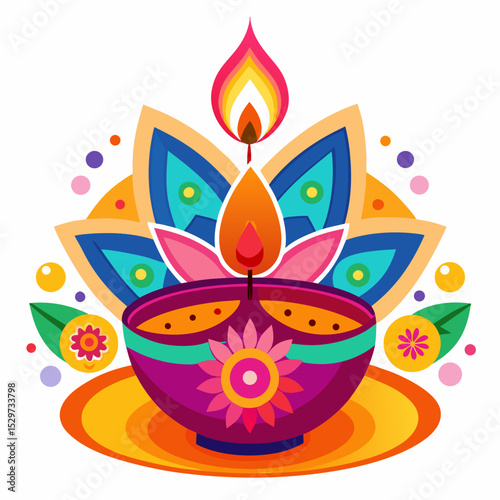 Traditional Diwali Oil Lamp and Rangoli Vector on White Background