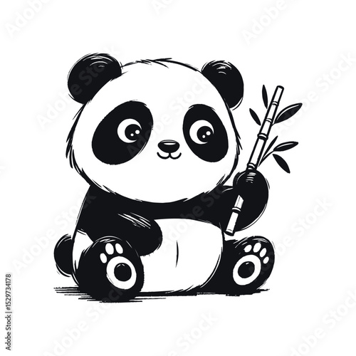 Cartoon panda holding bamboo illustration on transparent background, vector