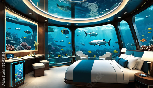 Luxurious underwater hotel room featuring marine life swimming around the panoramic windows and ceiling.
