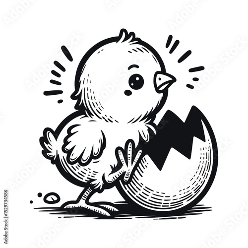 Cartoon chick hatching from egg illustration on transparent background, vector