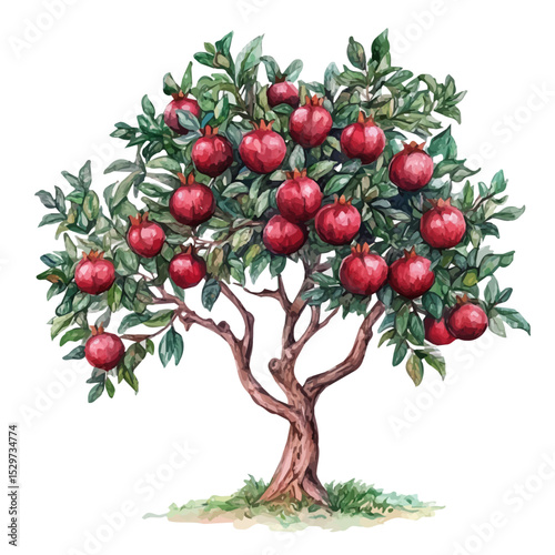 watercolor of A Pomegranate Tree, vector high quality, isolated on a white background.
