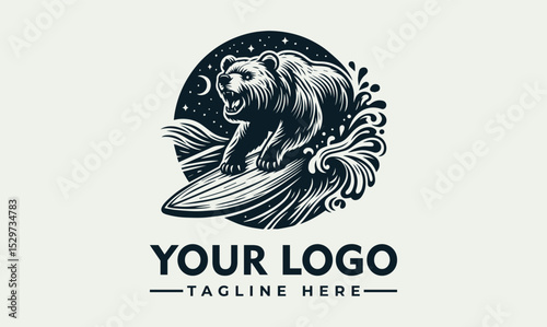 Detailed engraved illustration of a bear surfing on a wave with a sunburst and palm tree in a circular frame. Summer adventure concept