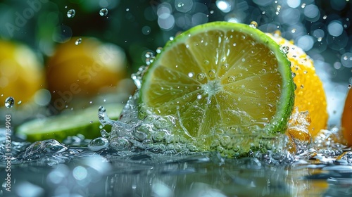This vibrant and refreshing image captures slices of lemon being splashed in clear water, showcasing invigorating colors and highlighting the zestiness of citrus fruits, perfect for food lovers.