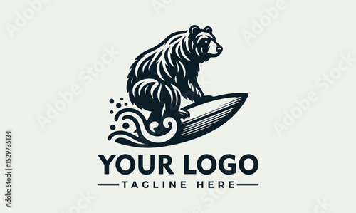 Detailed engraved illustration of a bear surfing on a wave with a sunburst and palm tree in a circular frame. Summer adventure concept