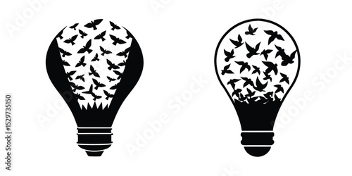 Light Bulb Silhouette with a Flock of Birds Inside Isolated on White Background