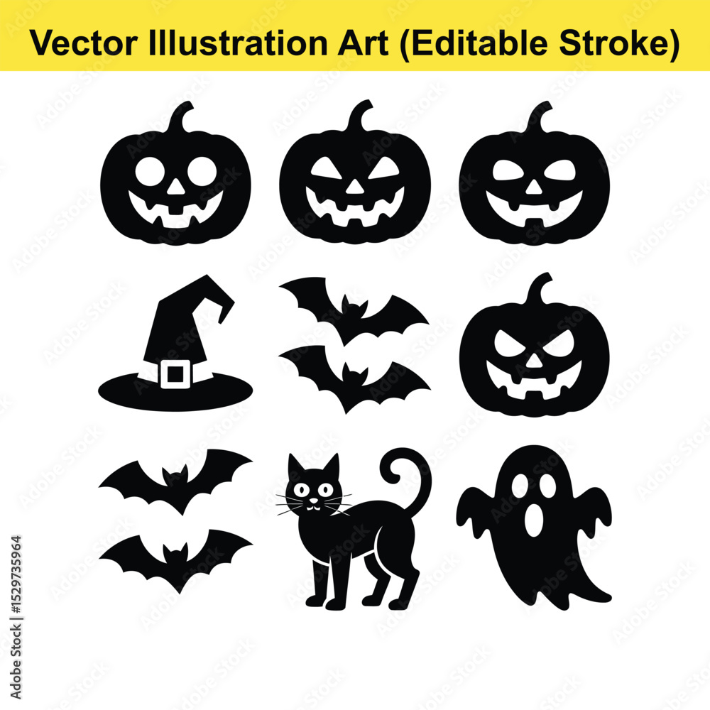 Obraz premium Halloween vector icons set black silhouettes. Halloween vector icons jack o lantern bats cat ghost witch hat