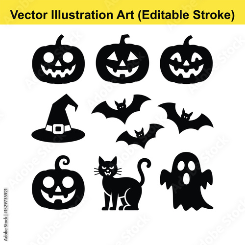 Halloween vector icons set black silhouettes. Halloween vector icons jack o lantern bats cat ghost witch hat