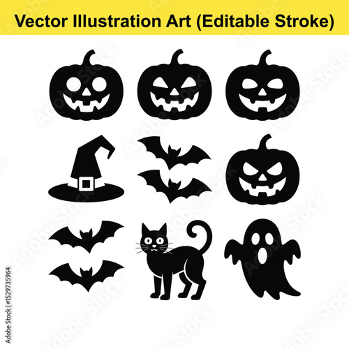 Halloween vector icons set black silhouettes. Halloween vector icons jack o lantern bats cat ghost witch hat