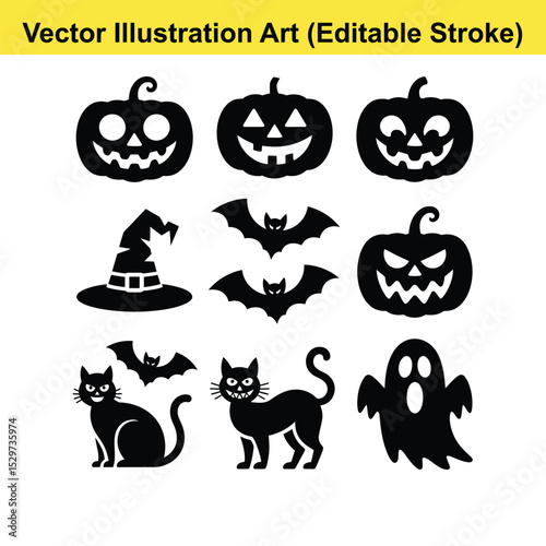 Halloween vector icons set black silhouettes. Halloween vector icons jack o lantern bats cat ghost witch hat
