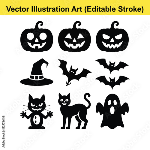 Halloween vector icons set black silhouettes. Halloween vector icons jack o lantern bats cat ghost witch hat