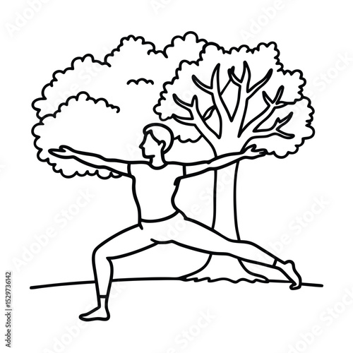  practicing warrior pose on a grassy field beneath.eps
