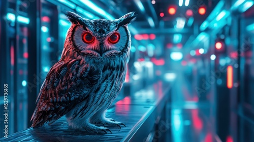 A robotic owl in a futuristic laboratory, high-tech red eyes, background wallpaper AI generated image
