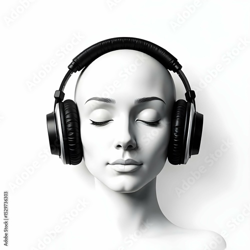 Flat minimalist black and white vector icon of a pair of headphones crossed out over a calm face or zen symbol