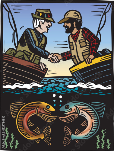 Vintage woodcut illustration of two fishermen enjoying recreational fishing. Traditional hand-drawn style, perfect for outdoor lifestyle, travel, and hobby-related designs.