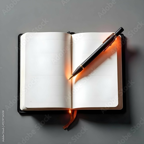 Flat black and white vector icon of an open notebook with a pen diagonally across the pages