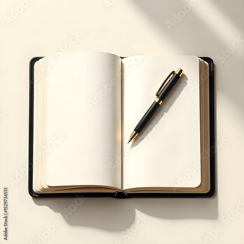 Flat black and white vector icon of an open notebook with a pen diagonally across the pages