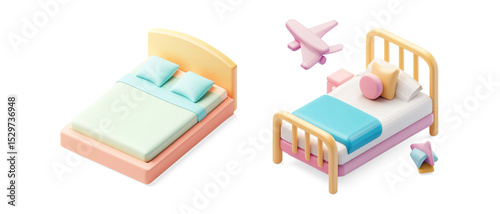 Isometric Wooden Bed Illustration on a Transparent Background