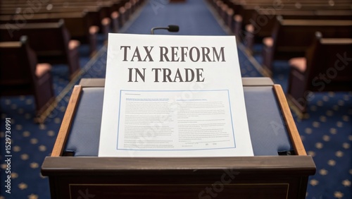 Increase trade taxes concept. Tax reform document displayed in a legislative chamber setting, highlighting discussions on trade policies and economic changes.