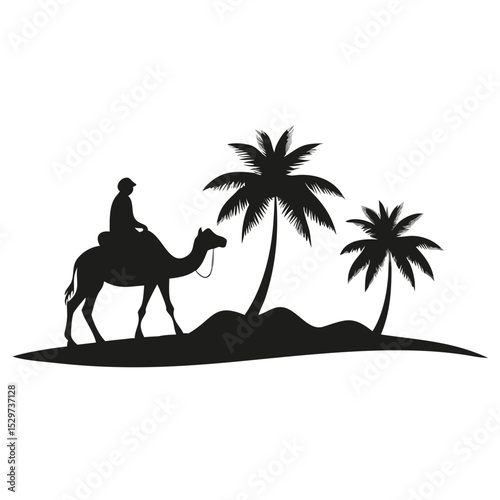 Silhouette of a man riding a camel near palm trees in a desert landscape during the day time scene created with generated ai