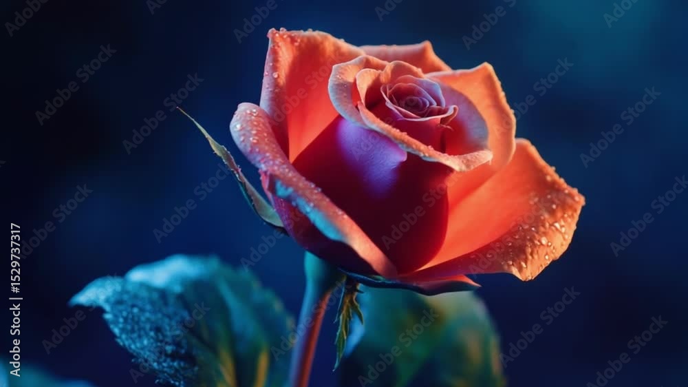 Vibrant, dewy rose in moody dark blue